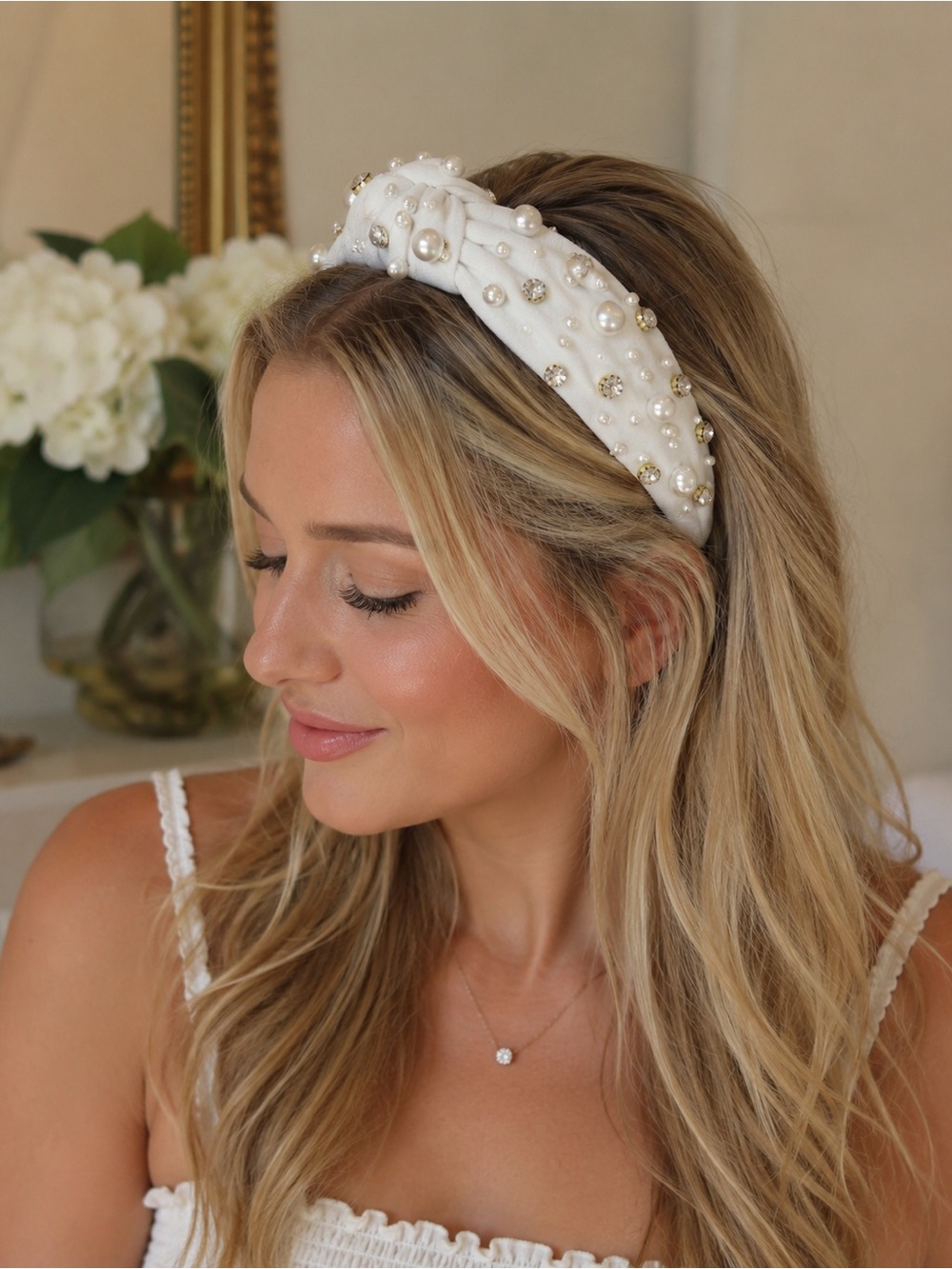 Pearl & Rhinestone Knotted Headband White Statement Bridal Preppy Luxe